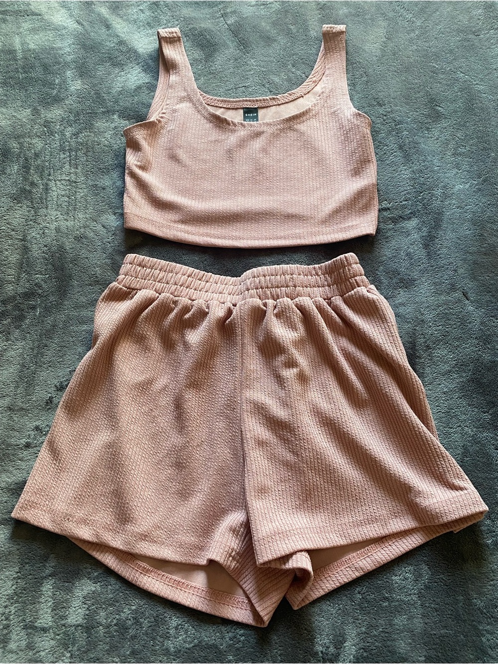SHEIN Dusty Pink Soild Waffle Knit Crop Tank Top & High Waist Short Set